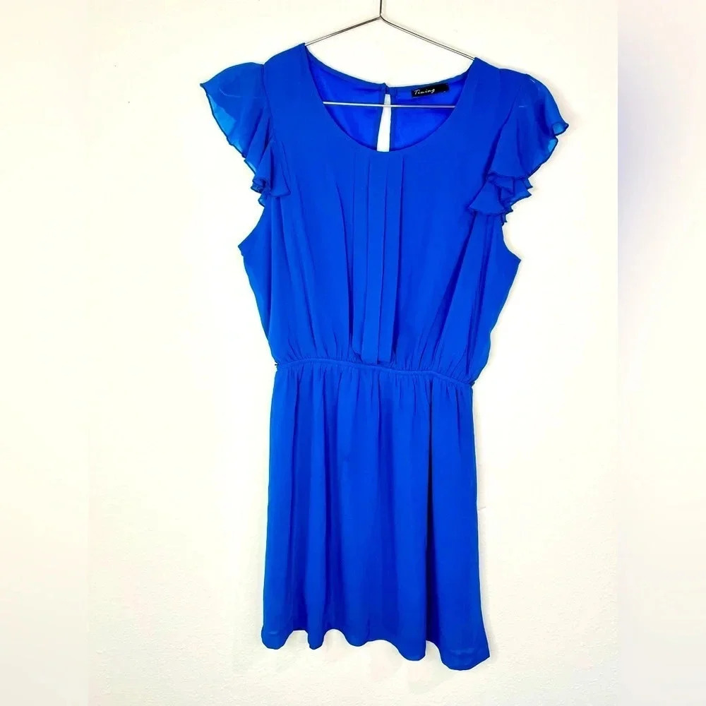 Timing Blue Sheer Ruffle Sleeve Dress Flowy Pleated Front
